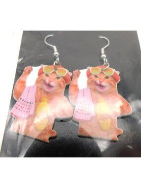 Funny Cat Earrings Comical Beach Kitten In Sunglasses & Towel